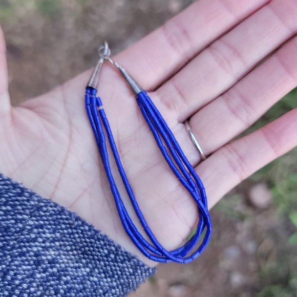 Native American handmade hand strung stabilized lapis lazuli three strand sterli - Picture 3 of 16